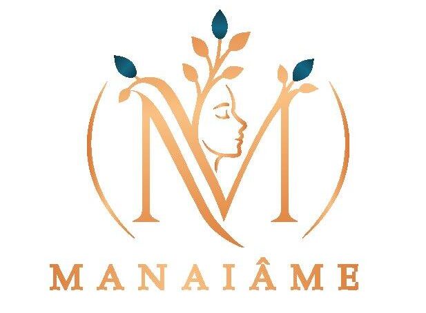 Logo Manaiâme doré, visage de femme avec arbre et branches doré